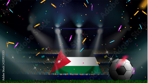 Fans hold the flag of Jordan among silhouette of crowd audience in soccer stadium with confetti to celebrate football game. Concept design for football result template