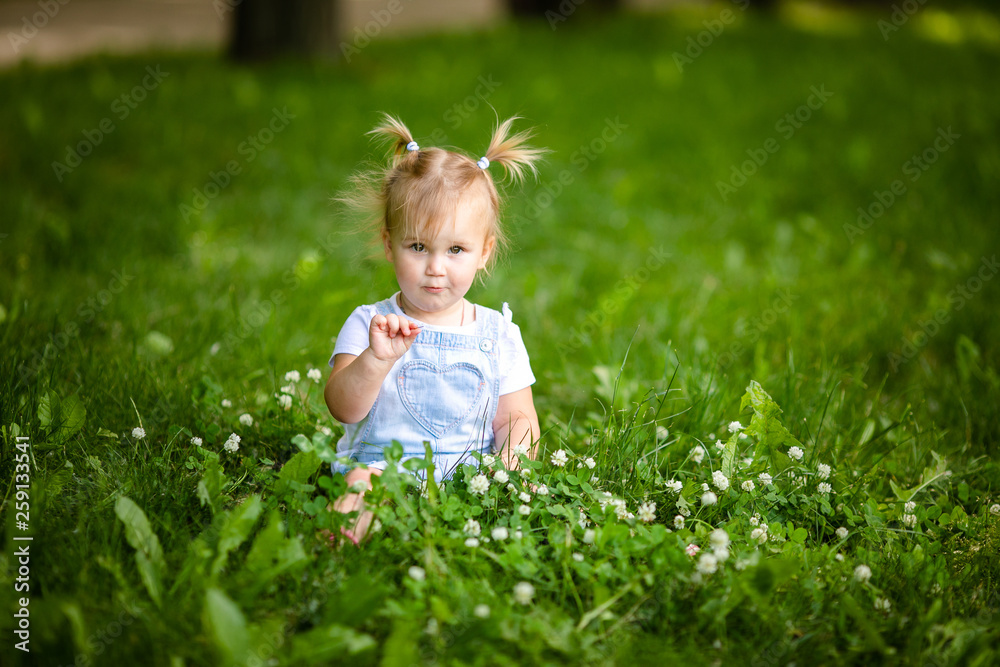 Happy funny blonde baby girl with two little braids in white t-shirt and jeans bodykit sitting on green grass background Happy funny blonde baby girl with two little braids in white t-shirt and jeans bodykit sitting on green grass background