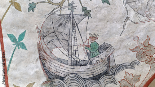 Medieval depiction of Olaf II of Norway's sailing competition against Harald Hardrada from Odsherred church in Denmark. Olaf shooting an arrow in the sailing direction, legend has it he catches it. photo