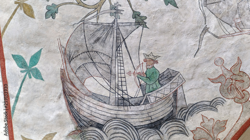 Medieval depiction of Olaf II of Norway's sailing competition against Harald Hardrada from Odsherred church in Denmark. Olaf shooting an arrow in the sailing direction, legend has it he catches it.
