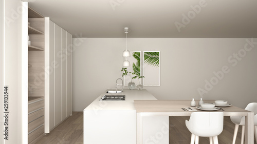 White minimalist kitchen in eco friendly apartment  island  table  stools and open cabinet with accessories  big window  bamboo and hydroponic vases  parquet   interior design idea