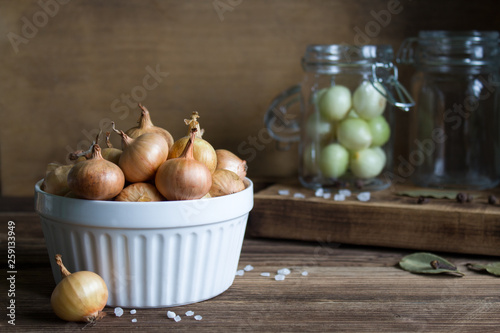 Fresh and pickled onions in a rustic style.