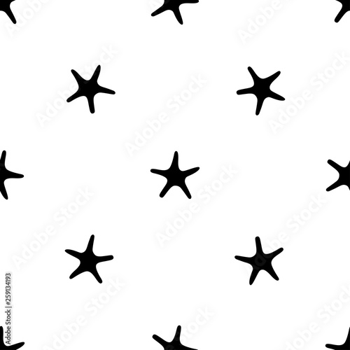 Vector illustration seamless pattern. Marine tropical design. Black silhouette of sea creatures - starfish