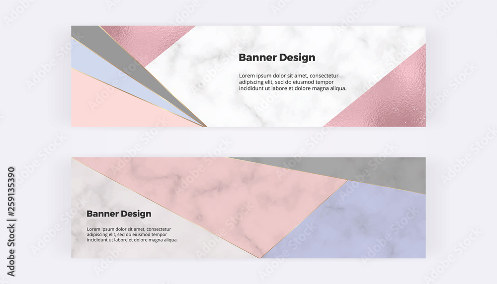 Web banners with geometric shapes, triangles on the marble texture. Modern templates for invitation, logo, card, flyer, poster, save the date