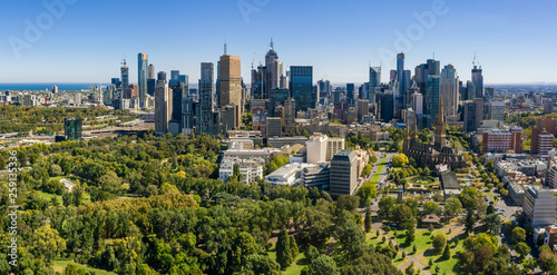 Aerial panoramic view of the beautiful city of Melbourne from Fitzroy Gardens