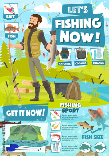Fishing sport adventure, fisher catch equipment
