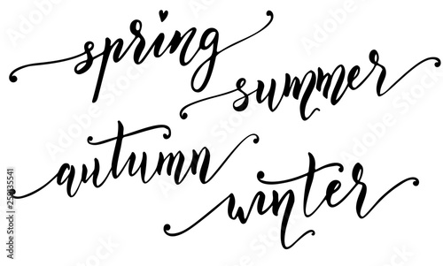 Hello spring, summer, autumn, winter. Vector hand drawn lettering design.