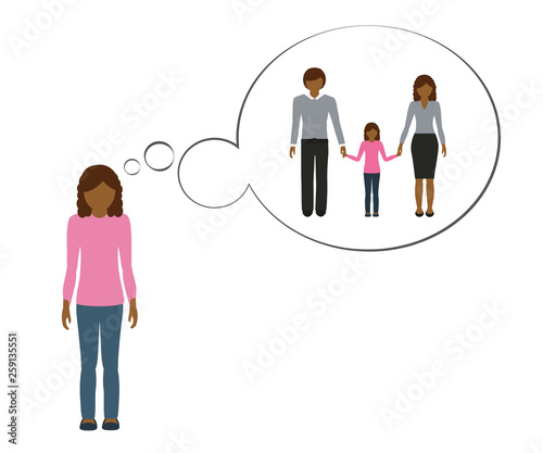 orphan girl is thinking about her family with mother and father vector illustration EPS10