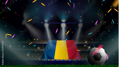 Fans hold the flag of Romania among silhouette of crowd audience in soccer stadium with confetti to celebrate football game. Concept design for football result template