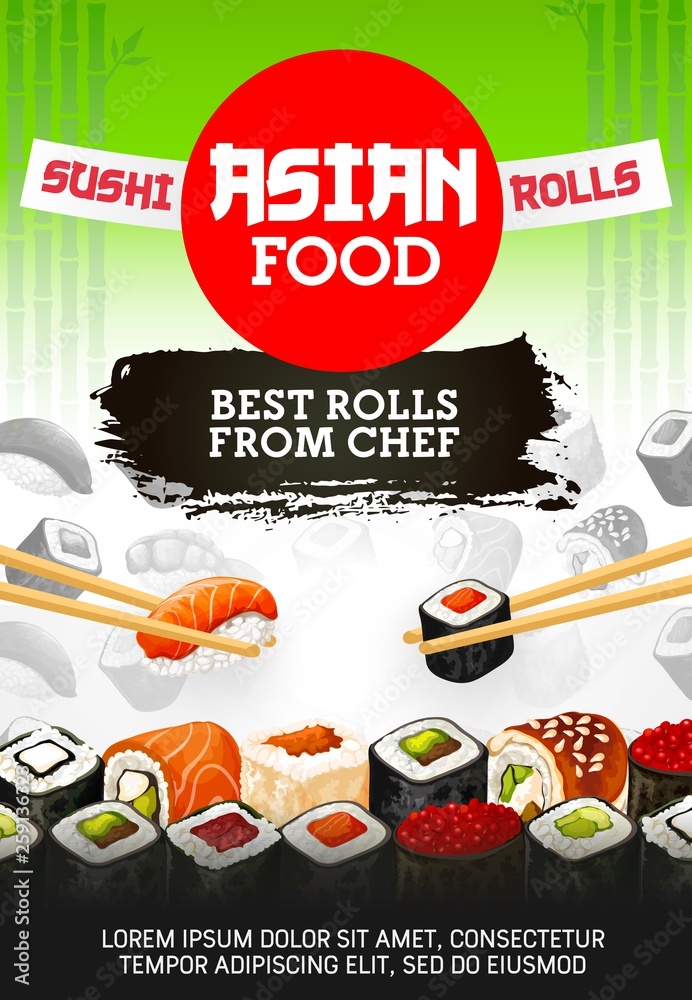 Asian sushi food, Japanese cuisine rolls and maki