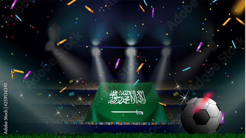 Fans hold the flag of Saudi Arabia among silhouette of crowd audience in soccer stadium with confetti to celebrate football game. Concept design for football result template