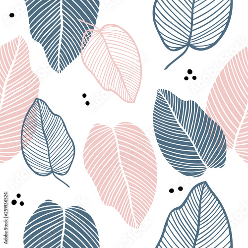 Floral seamless pattern of leaves in flat style. Colorful leaf endless background for textile print, fabrics, wrapping paper, season design, card, decoration, invitation. Pastel colours.