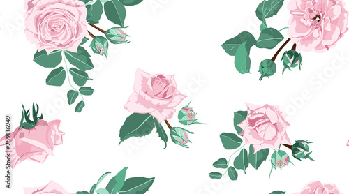 Seamless Floral Rose Pattern with Leaves.
