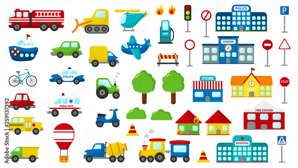 Set of cartoon vector transportation. Cute cars: police, ambulance, fire engine, truck, bus. Road signs. Buildings: fire station, hospital, station, police station, school and store.