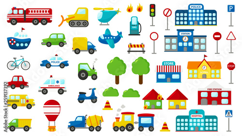 Set of cartoon vector transportation. Cute cars: police, ambulance, fire engine, truck, bus. Road signs. Buildings: fire station, hospital, station, police station, school and store.