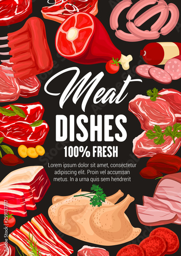 Butchery meat beef and pork, butcher shop sausages