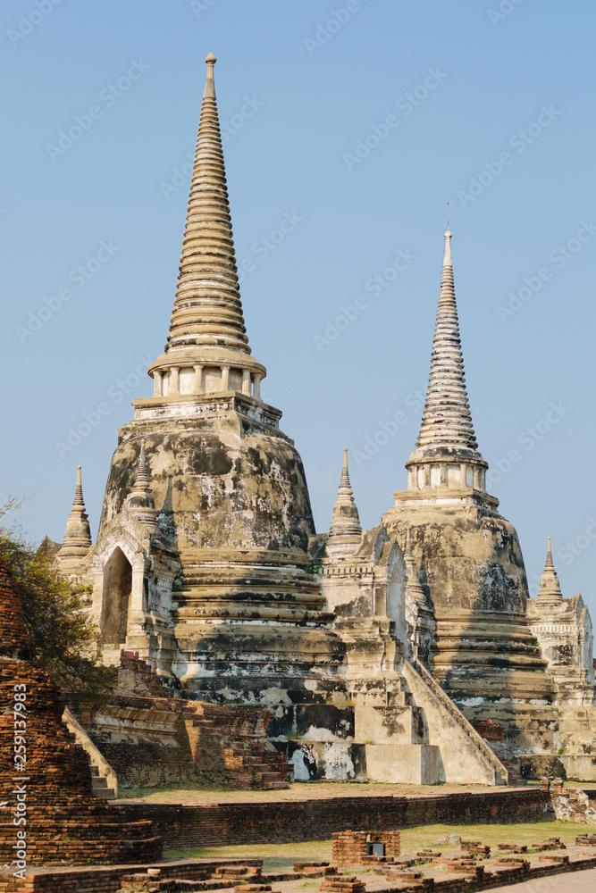 Panorama of Ayutthaya Historical Park with three stone stupas and a tree in Ayuthaya, Thailand.