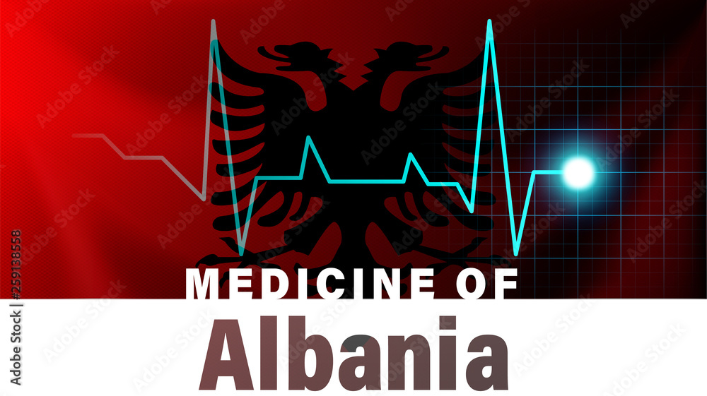 Albania flag and heartbeat line illustration. Medicine of Albania with country name