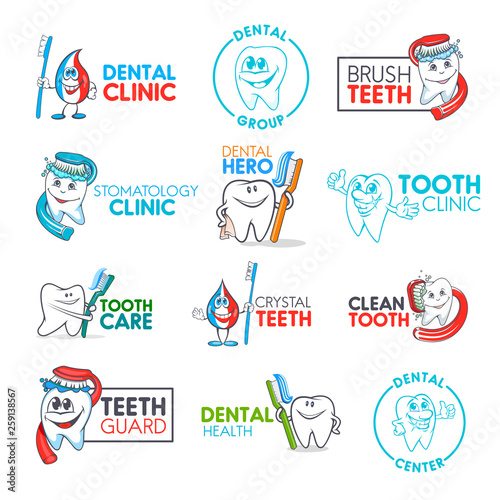 Dental clinic, cartoon tooth and toothbrush icons