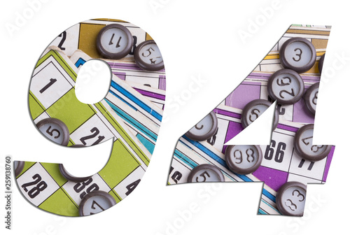 Number 94 with Lotto cards and game chips on white background © yadali