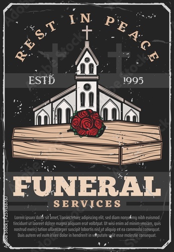 Funeral service, coffin burial and church photo