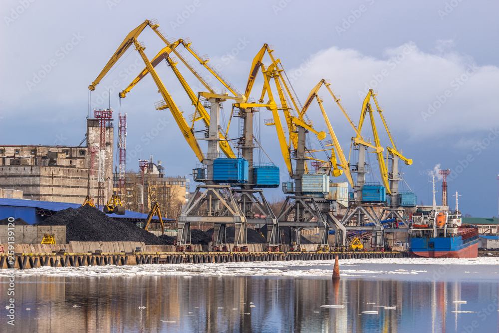 The city's port in Vyborg. Yellow port cranes