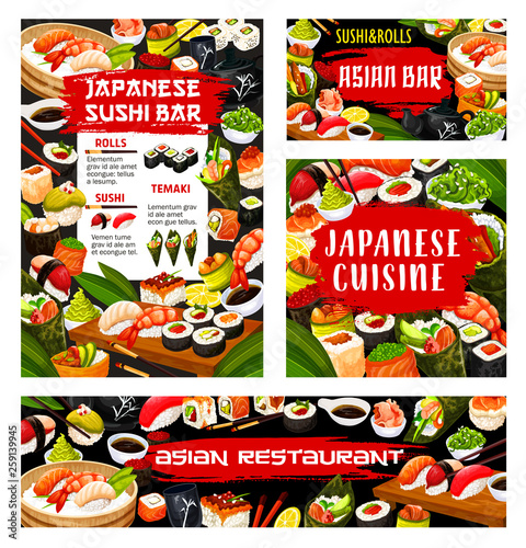 Asian sushi rolls bar, Japanese seafood restaurant