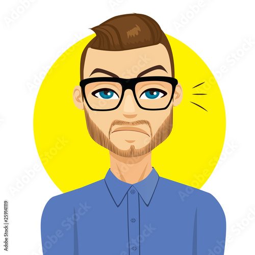 Displeased guy with confused face expression doubtful dissatisfied male with glasses hesitation and uncertainty