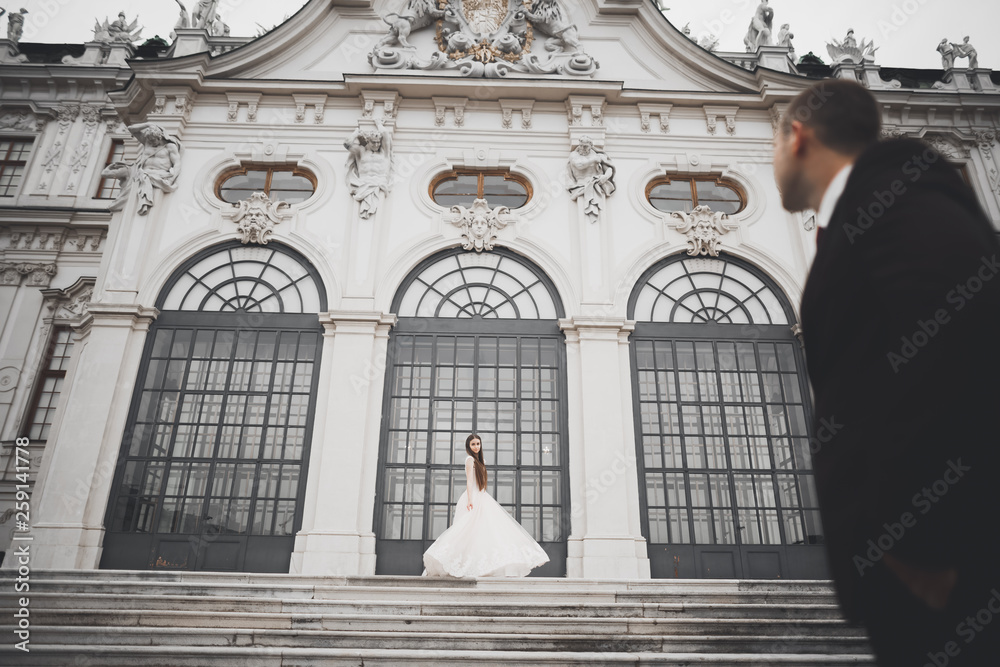Fototapeta premium Perfect couple bride, groom posing and kissing in their wedding day