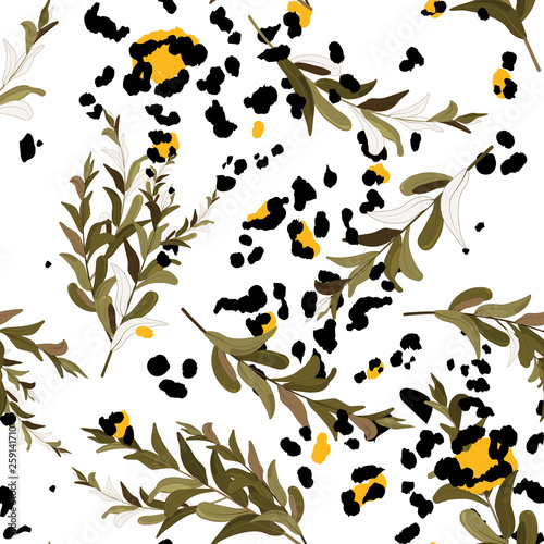 Safari Africa design of leopard and. Vector. Modern animal skin prints and flower hand drawn seamless pattern.
