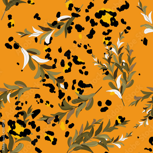 Safari Africa design of leopard and. Vector. Modern animal skin prints and flower hand drawn seamless pattern.