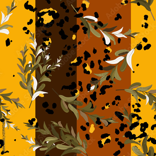 Safari Africa design of leopard and tiger |jaguar. Vector. Modern animal skin prints and flower hand drawn seamless pattern.