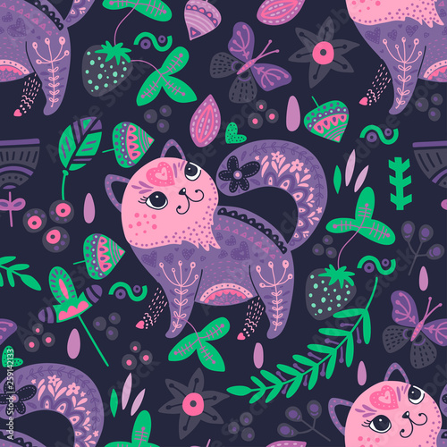 Tribal cat seamless vector pattern.