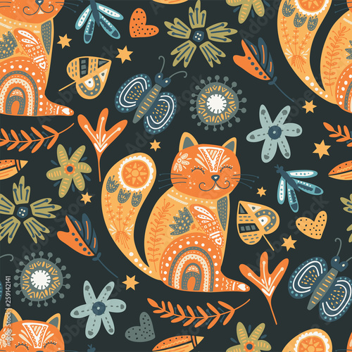 Tribal cat seamless vector pattern. © trihubova