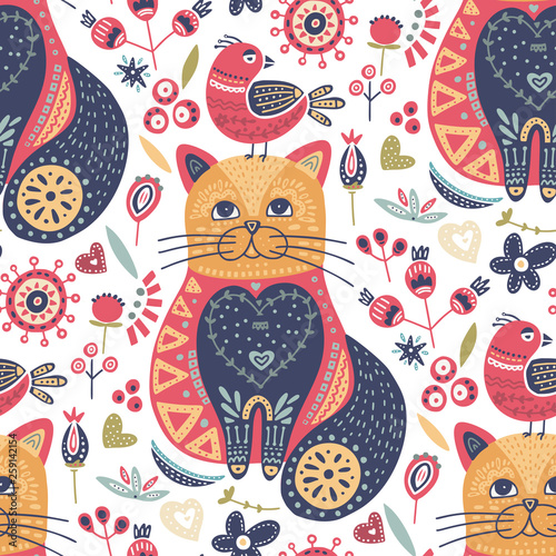 Tribal cat seamless vector pattern.