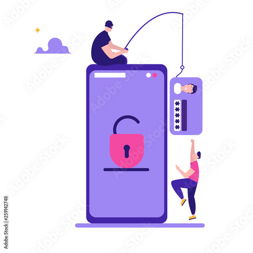 Concept of hacker attack, fraud investigation, internet phishing attack, evil win, personal privacy data, hacking and stealing email and money with tiny people. Vector illustration in flat design