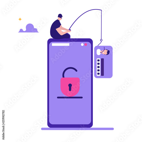 Concept of hacker attack, fraud investigation, internet phishing attack, evil win, personal privacy data, hacking and stealing email and money with tiny people. Vector illustration in flat design