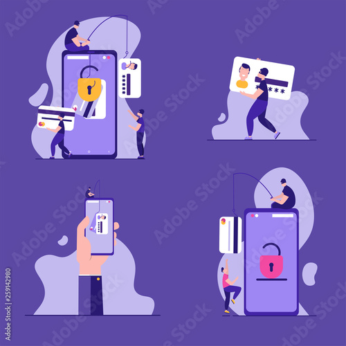 Concept of hacker attack, fraud investigation, internet phishing attack, evil win, personal privacy data, hacking and stealing email and money with tiny people. Vector illustration in flat design