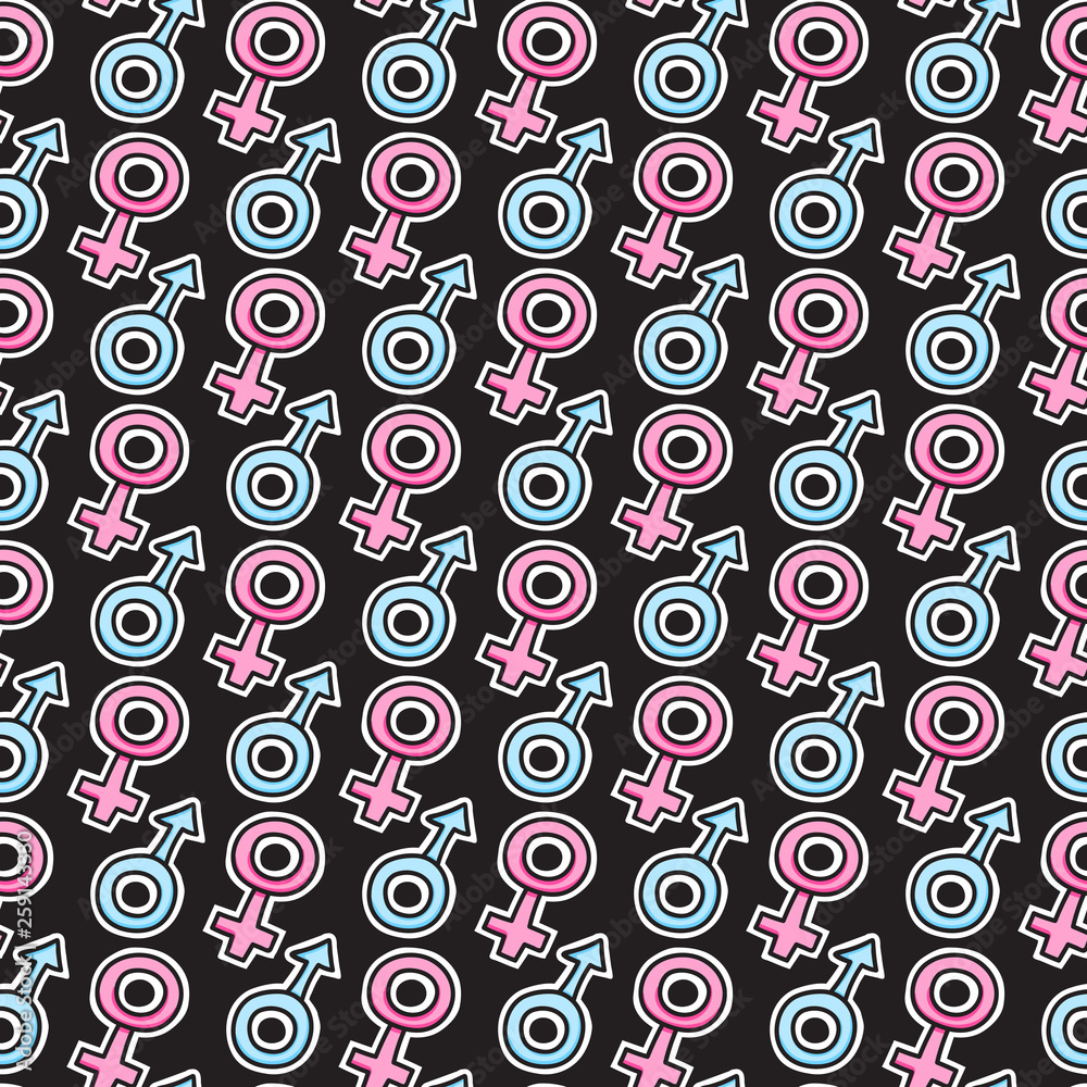 Seamless pattern symbol male and female stiker. Vector hand drawn surface design on black