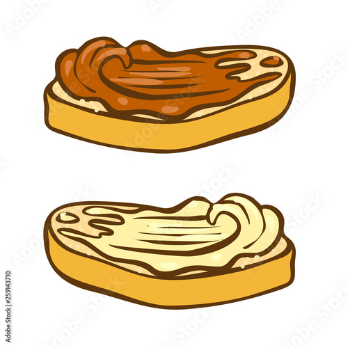 Peanut butter on bread doodle vector icon. Cartoon illustration of peanut icon for web design. Nuts hand drawn emblems and labels isoleted on white backgraund