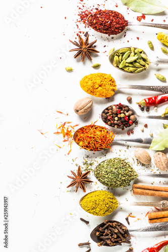 Set of indian spices in spoons on white © nadianb