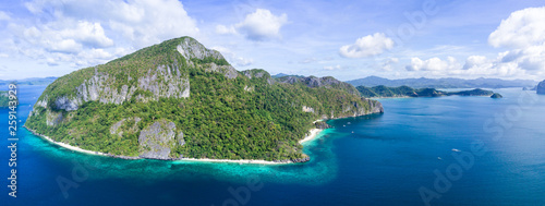 Fototapeta Naklejka Na Ścianę i Meble -  Aerial Drone Panorama Picture of Limestone Islands in El Nido, Palwan, Philippines