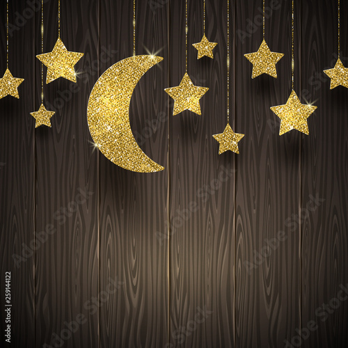 Vector illustration. Glitter gold stars and moon on a wooden texture background.