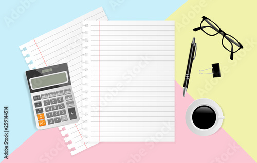 Blank note paper with calculator, eyeglasses, coffee cup and pen on pastel color background, Top view. Vector illustration