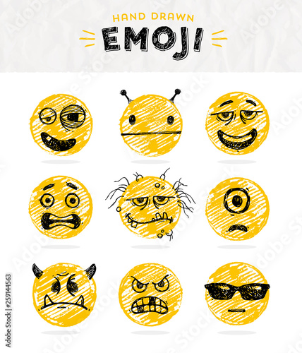Vector illustration - Hand drawn set of Emoticons. Vector set of Emoji. Smile icons.