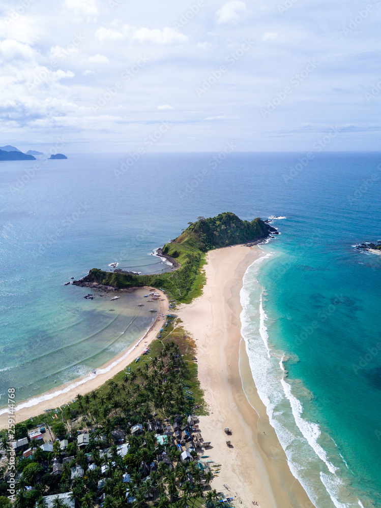 Aerial Drone Picture of the Nacpan Twin Beach in El Nido, Palawan in the Philippines