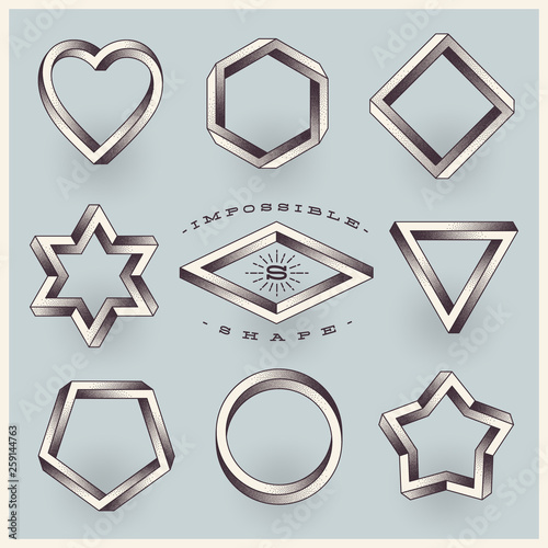 Set of impossible shapes with stippled  gradient. Vector illustration.