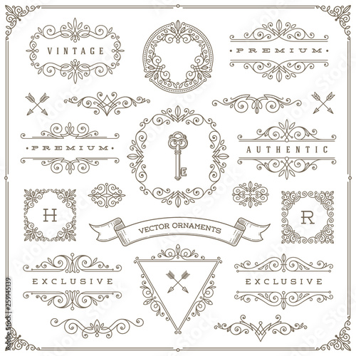 Vector set of vintage design elements - ornamental and flourishes frames, dividers, border, banners and other heraldic elements for logo, emblem, heraldry, greeting, invitation, page design, identity  photo