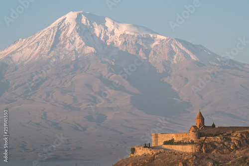 Ancient Armenian Church Khor Virap with Ararat in the background photo
