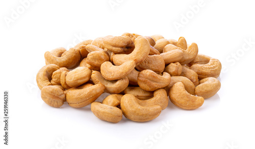 Roasted cashew nuts isolated on white background. full depth of field